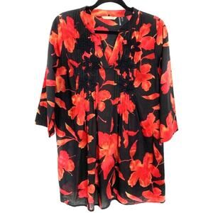 Soft Surrounding Hibiscus Tunic Pintuck Pleats Embroidery Small